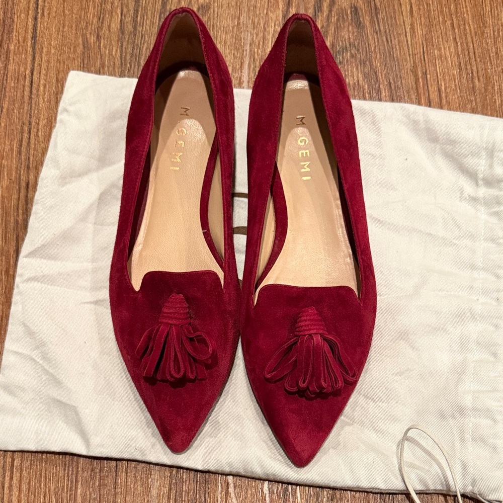 M. Gemi Burgundy Suede Pointed Tassel Flats